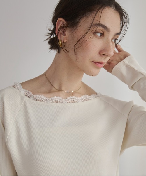 ANGIE tシャツ レーストリムボートネックカットソー レディース