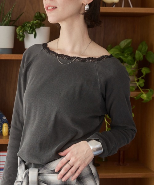 ANGIE tシャツ レーストリムボートネックカットソー レディース
