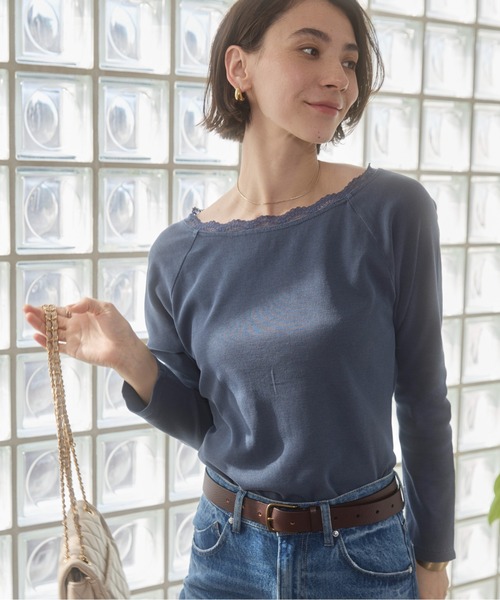 ANGIE tシャツ レーストリムボートネックカットソー レディース