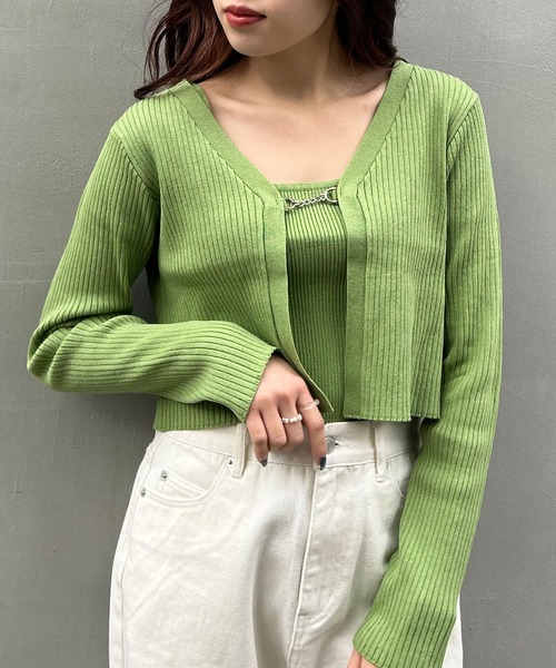 Stylevoice 　ニットキャミ付きニットカーディガン 配色フロントリボンニットカーディガン＋キャミアンサンブル｜INGNI