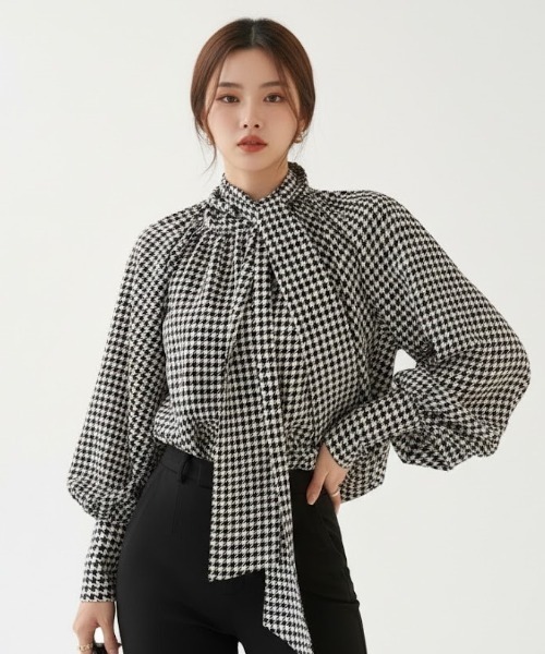 a lot of love ブラウス シャツ ボウタイリボン・チェックブラウス