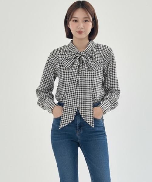 a lot of love ブラウス シャツ ボウタイリボン・チェックブラウス