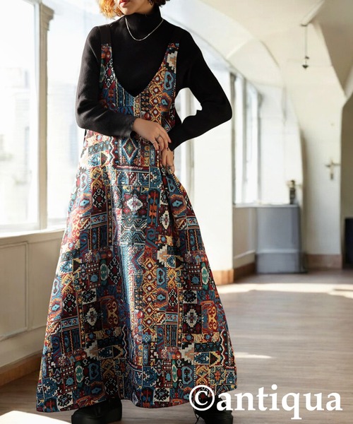 antiqua（アンティカ） ワンピース エスニック柄サロペットワンピース