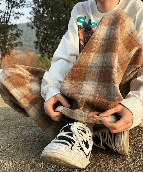 link lot パンツ 起毛ネルチェックイージーパンツ レディース メンズ