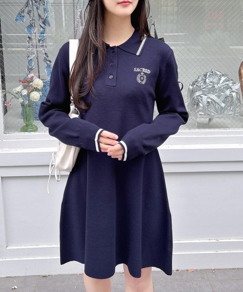 INGNI ワンピース エンブレム胸刺繍配色ポロニットミニ