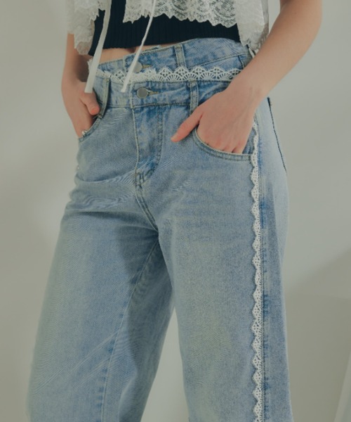 アシメウエストレースラインデニム ECREL ジーンズ デニム デニムパンツ アシメウエストレース