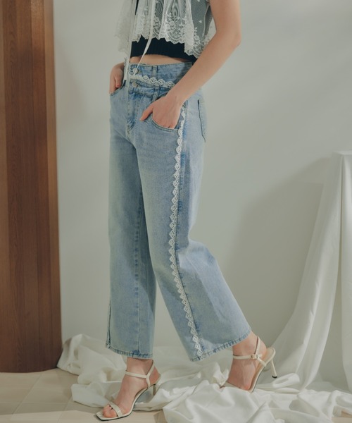 アシメウエストレースラインデニム ECREL ジーンズ デニム デニムパンツ アシメウエストレース