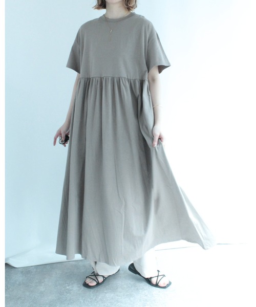 amini ワンピース 半袖 ギャザーフレアマキシカットワンピース