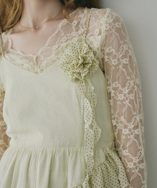 ワンピース dot × rose corsage cami onepiece / コサージュ付きドット
