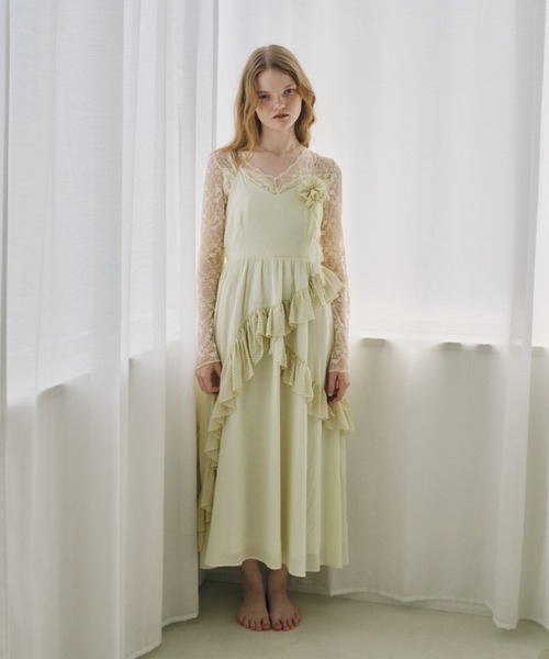 ワンピース dot × rose corsage cami onepiece / コサージュ付きドット