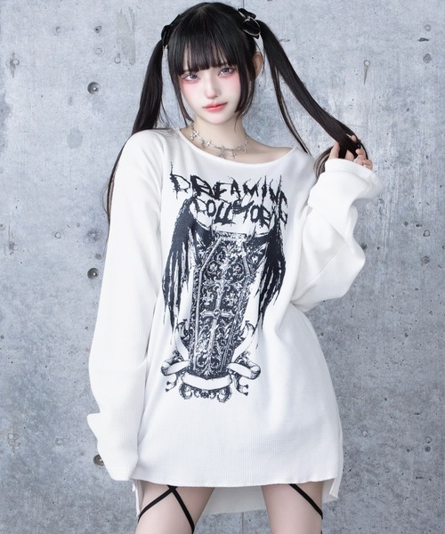 Amilige（アミリージュ） tシャツ ワッフルコウモリプリントトップス