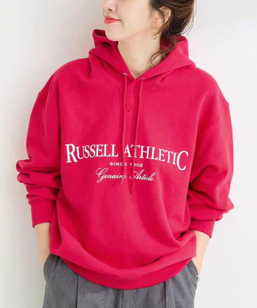 【レッド】RUSSELL ATHLETIC / ラッセル・アスレティック 別注 裏毛ロゴフーディー Russell Athletic（ラッセル アスレティック） トレーナー スウェット