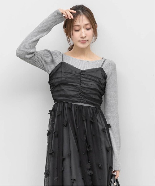 RANDA 3Dフラワー刺繍チュールキャミドレス グレー マキシワンピース 美品 RANDA（ランダ） ワンピース 「Flower Collection」3Dフラワーチュール