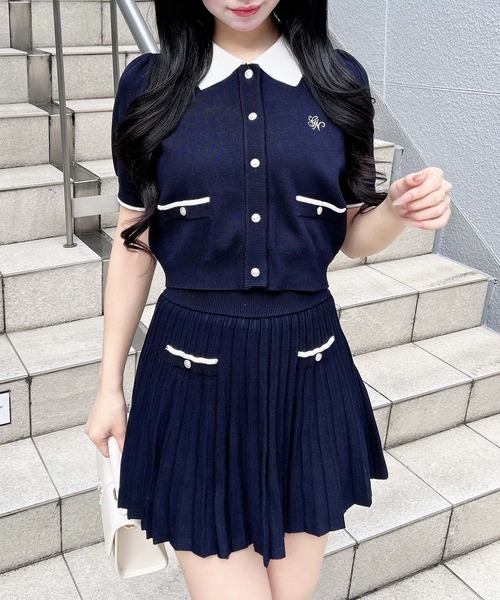 INGNI（イング） セットアップ 配色胸刺繍襟付ニットカーディガン＋