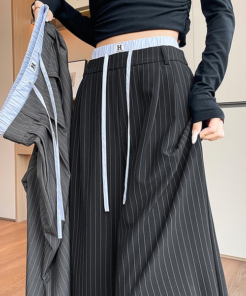 ワイドパンツ パンツ ダブルウエストストライプワイドパンツ