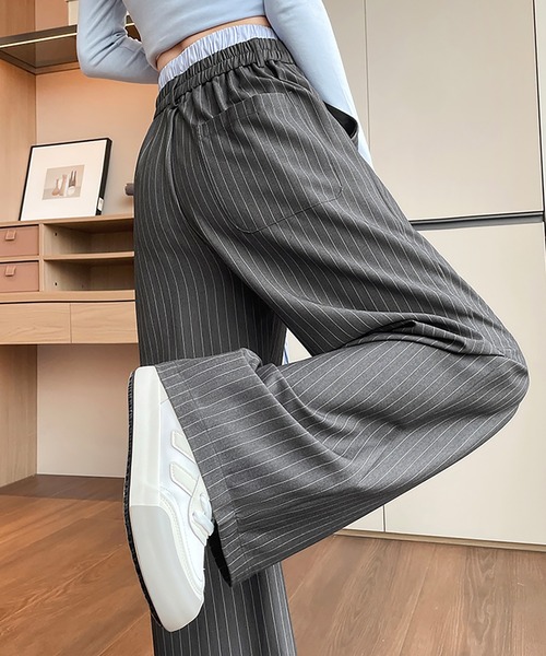 ワイドパンツ パンツ ダブルウエストストライプワイドパンツ