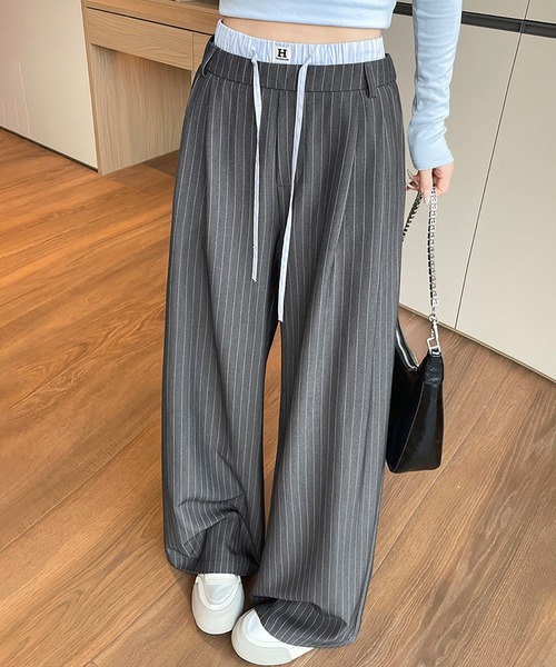 ワイドパンツ パンツ ダブルウエストストライプワイドパンツ