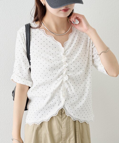 tシャツ 「4色展開/柔らかリブ素材」半袖ギャザーリブカーディガン レディースの画像