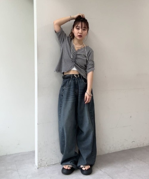 tシャツ 「4色展開/柔らかリブ素材」半袖ギャザーリブカーディガン レディースの画像