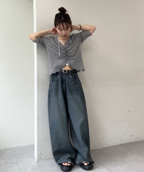 tシャツ 「4色展開/柔らかリブ素材」半袖ギャザーリブカーディガン レディースの画像