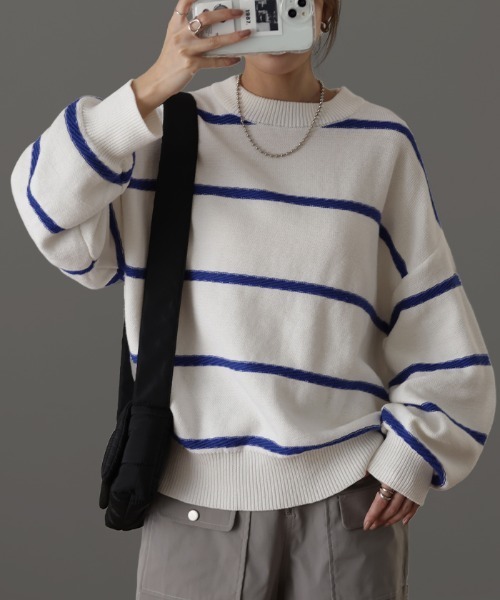 「HUG.U」 ノースリーブニット FREE ホワイト×ブルー レディース_画像4