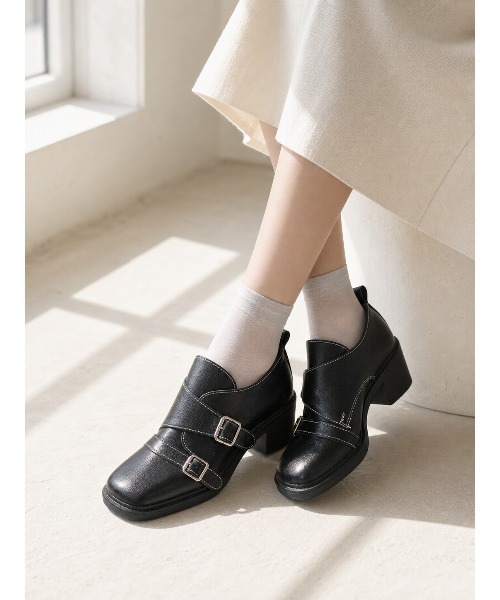shoes365 ローファー モンクストラップチャンキーヒールローファー