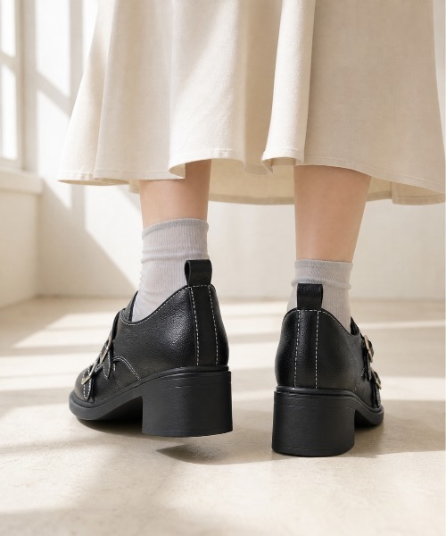 shoes365 ローファー モンクストラップチャンキーヒールローファー