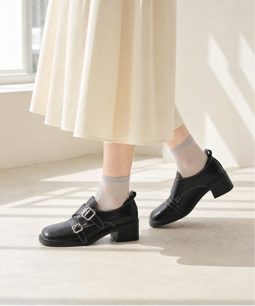 shoes365 ローファー モンクストラップチャンキーヒールローファー