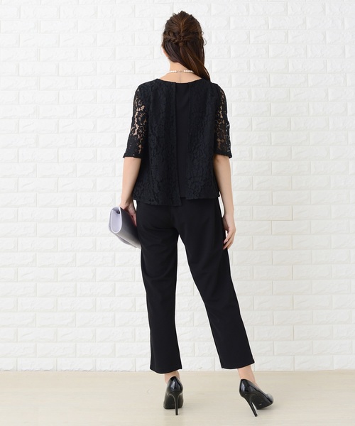 Lace Ladies パンツドレス 花柄レース袖テーパードパンツドレス