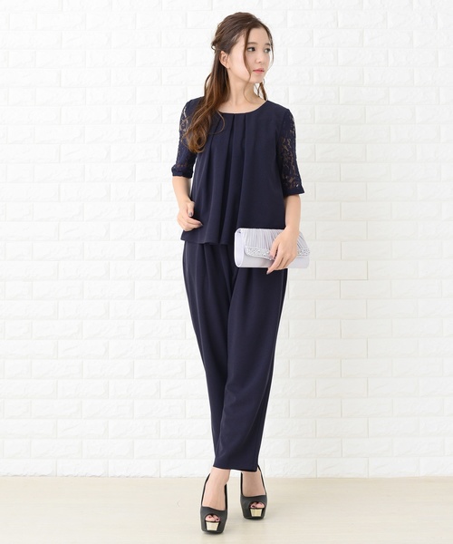 レースレディース Lace Ladies 花柄レース袖シンプルセットアップ・パンツドレス （Aネイビー） レースレディース Lace Ladies 花柄レース袖シンプル