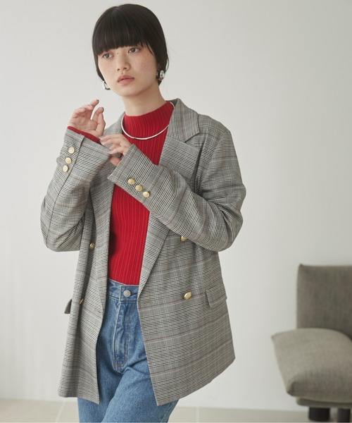 ANGIE ジャケット テーラードジャケット 金ボタン チェック柄ダブル