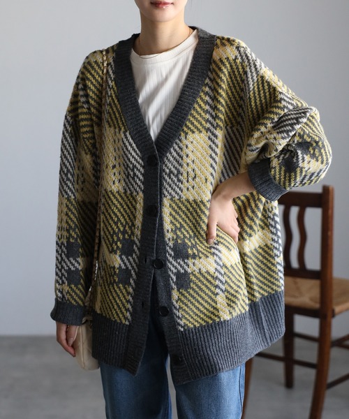 HYS チェッカーパターン カーディガン sakishimatokyo カーディガン 配色ジャガードチェックカーディガン