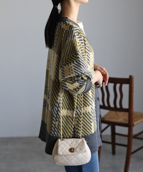 HYS チェッカーパターン カーディガン セール】 タータンチェックパッチワーク使いスナップカーディガン