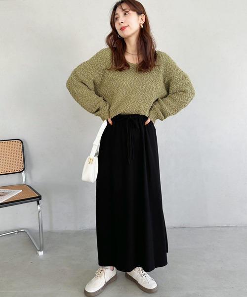 スカート una un+frame スカート narrow knit long skirt／ ウエスト紐ナロー