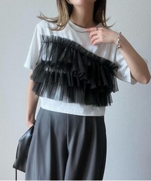 tシャツ 着回し力抜群なチュールフリル袖Tシャツ レディース 着回し力抜群なチュールフリル袖Tシャツ 半袖 シンプル[品番