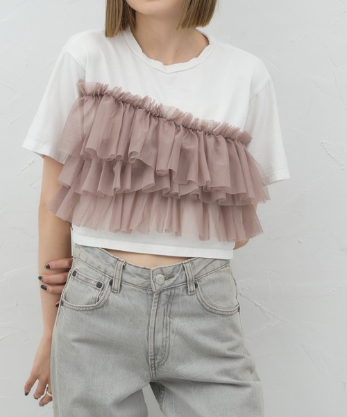 tシャツ 着回し力抜群なチュールフリル袖Tシャツ レディース 楽天市場】着回し力抜群なチュールフリル袖Tシャツ 半袖