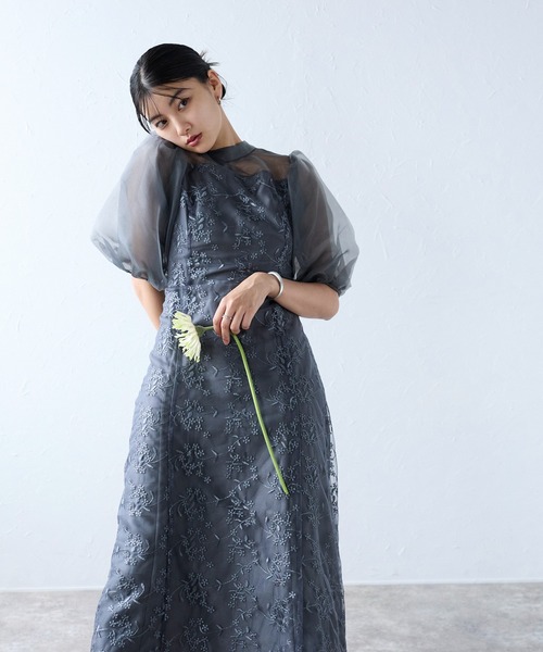 花柄刺繍 パフスリーブ ドレス セール】パフスリーブ花柄刺繍レースドレス フォーマル