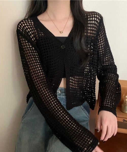Feng Chen Wang　メッシュデザイン カーディガン 黒 カーディガン メッシュデザインカーディガン レディース メンズ