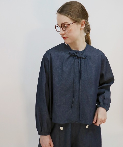 ハウピア haupia トップス 七分袖シャツブラウス サイズ38 M ネイビー×ライトブラウン レディース 刺繍 新品同様