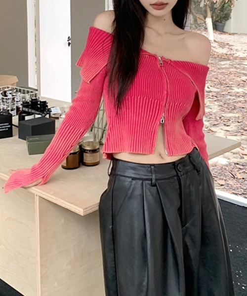 REMUR ニット セーター オフショルダー前ZIPトップス レディース