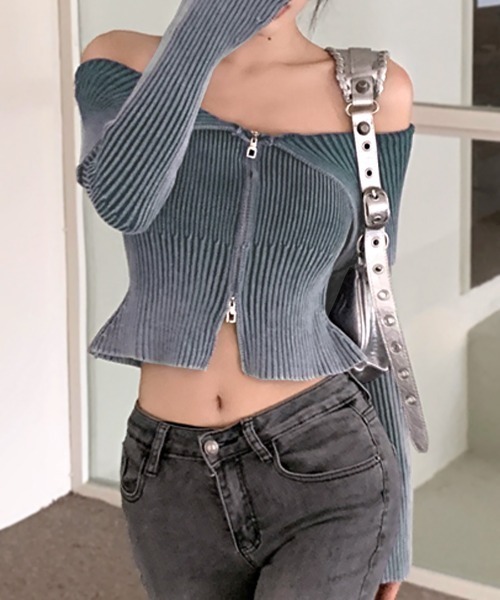REMUR ニット セーター オフショルダー前ZIPトップス レディース