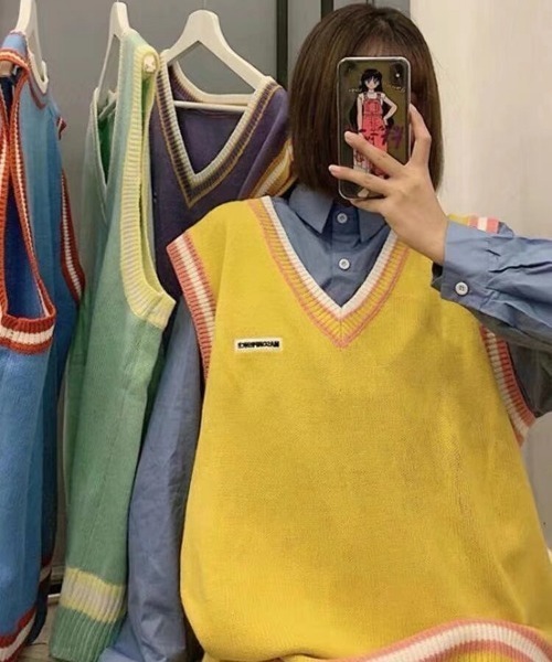 link lot ベスト ジレ ワンポイントロゴ プレッピーVネックライン
