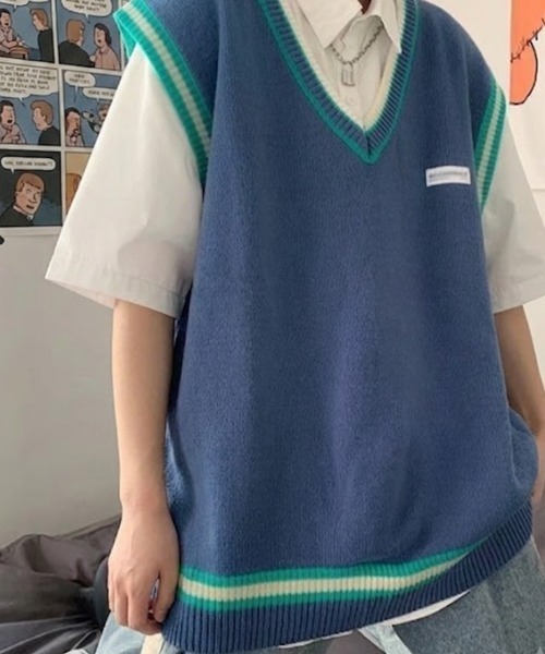 link lot ベスト ジレ ワンポイントロゴ プレッピーVネックライン
