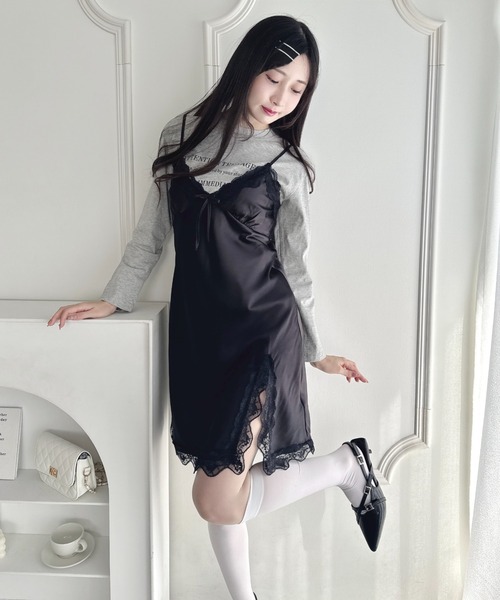 Ruimeme　ルイメーム　ワンピース　キャミワンピース　黒　L Loueme ワンピース スリットレースランジェリーキャミワンピース