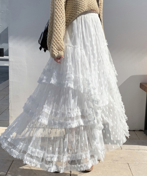 deux amour スカート ランダムティアードボリュームレースロング
