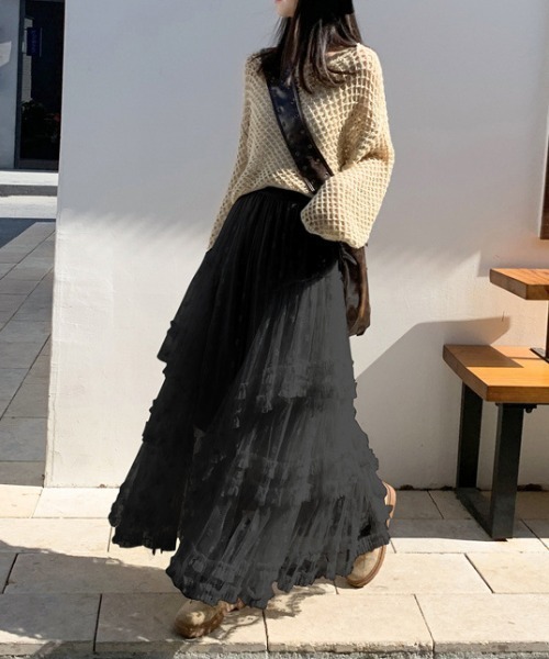 deux amour スカート ランダムティアードボリュームレースロング