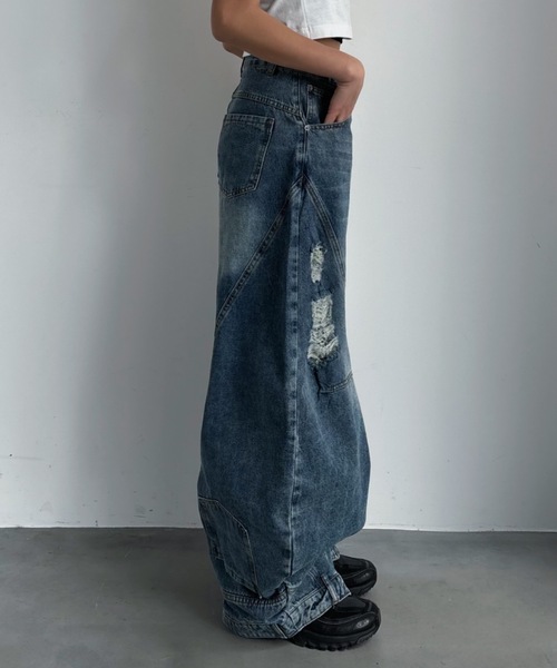 ワイドパンツ ジーンズ デニム デニムパンツ 裾デザインダメージカーブ 