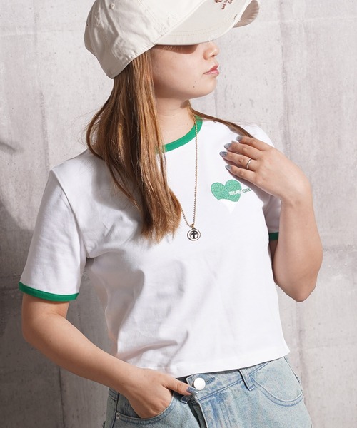 tシャツ ハート刺繍 リンガーネックTシャツ / Heart Embroidery