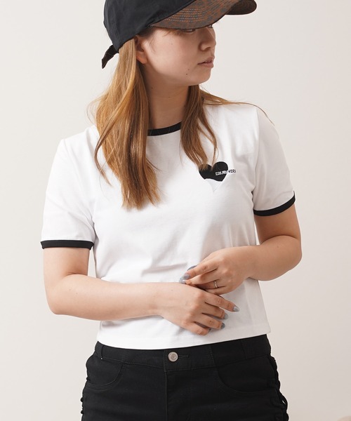 tシャツ ハート刺繍 リンガーネックTシャツ / Heart Embroidery