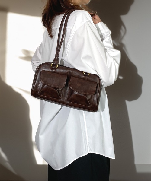 ショルダーバッグ バッグ レトロ 横長 アウトポケット ショルダー ハンドバッグ 軽量 たっぷり容量 韓国 ファッション Y2K Y3K レディース | Candlestick | 18